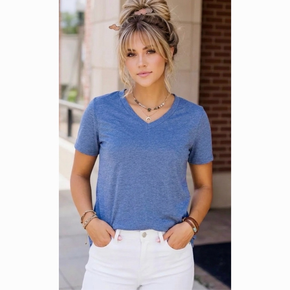 Southern Grace Cadet Blue V-Neck Tee 100% Premium Cotton T- Shirt Womens small